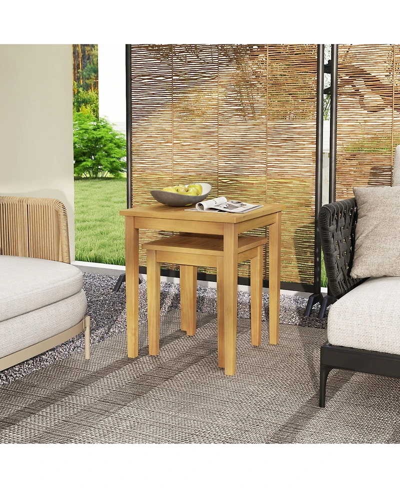 2 Pieces Space Saving Design Teak Wood Outdoor Patio Nesting Table