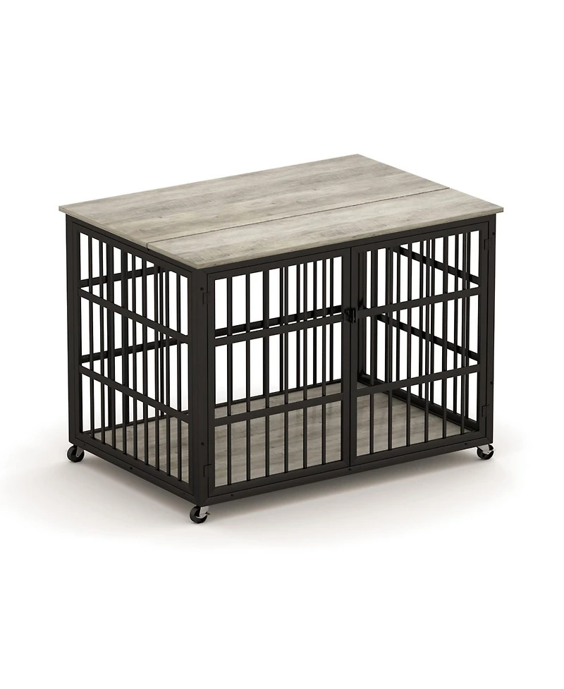 Furniture style dog crate wrought iron frame door with side openings, Rustic Brown