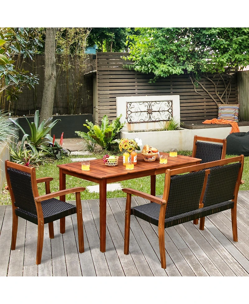 4 Pieces Acacia Wood Patio Rattan Dining Furniture Set