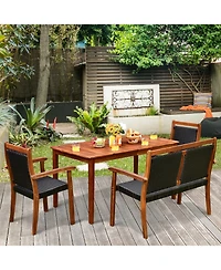4 Pieces Acacia Wood Patio Rattan Dining Furniture Set