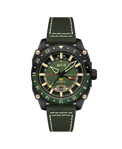 Avi-8 Men's Hawker Hunter Atlas Gmt Automatic Green Leather Strap Watch, 44mm