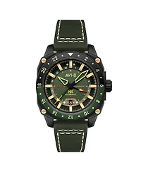Avi-8 Men's Hawker Hunter Atlas Gmt Automatic Green Leather Strap Watch, 44mm