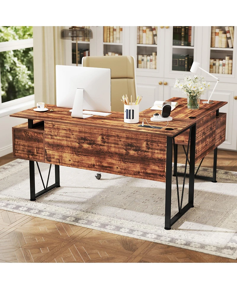 L-Shaped Computer Desk with Power Outlets for Convenient Charging and Efficient Workspace