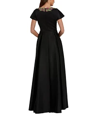Women's Satin Flutter Sleeve Gown With Neckline Beading