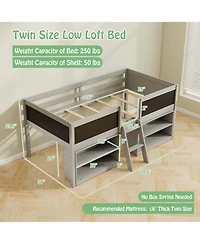 Twin Low Loft Bed with Ramp Ladder & Bookcases Full-length Safety Guardrail