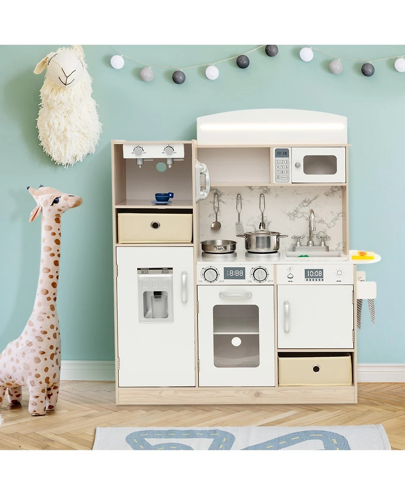 Kids Kitchen Playset with Adjustable Led Lights & Removable Fabric Bins Fun Pretend Cooking Toy