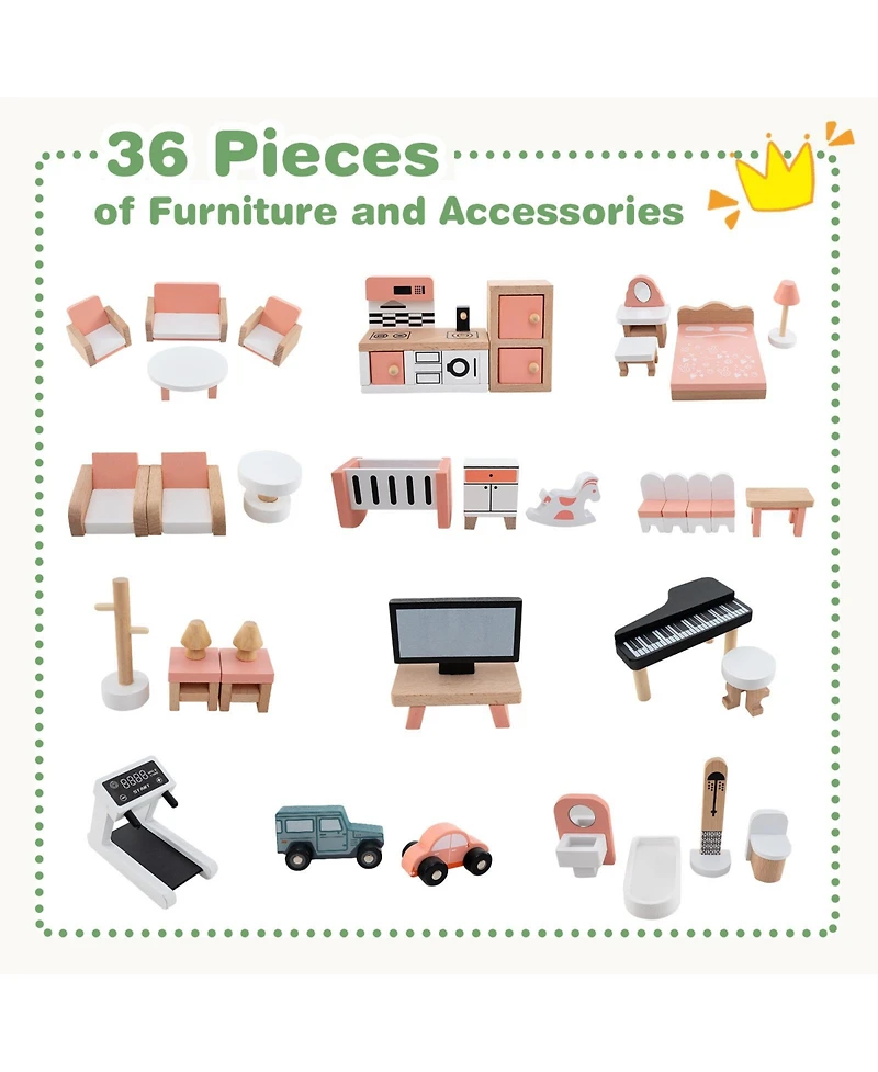 Corner Dollhouse Playset with 6 Rooms & 36 Pieces Fun Interactive Toy for Kids