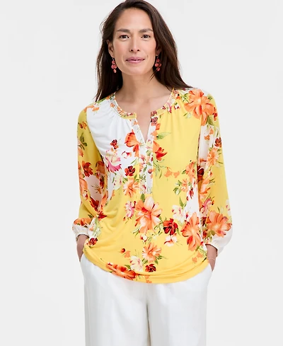 Jm Collection Women's Printed Embellished Split-Neck Top, Exclusively at Macy's