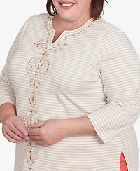 Alfred Dunner Plus Catalina Island Bold Medallion Stripe Round Neck Top