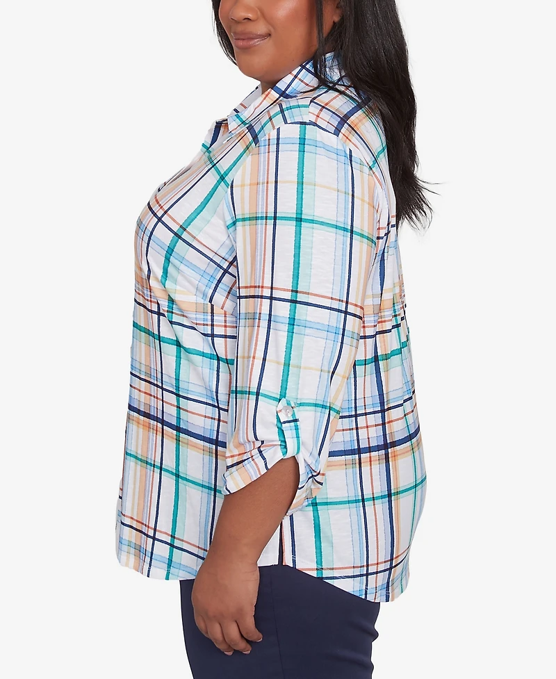 Alfred Dunner Plus Size Nantucket Plaid Knit Button Front Collared Top