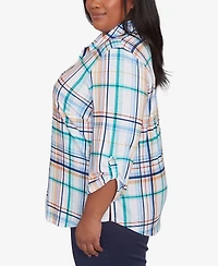 Alfred Dunner Plus Size Nantucket Plaid Knit Button Front Collared Top