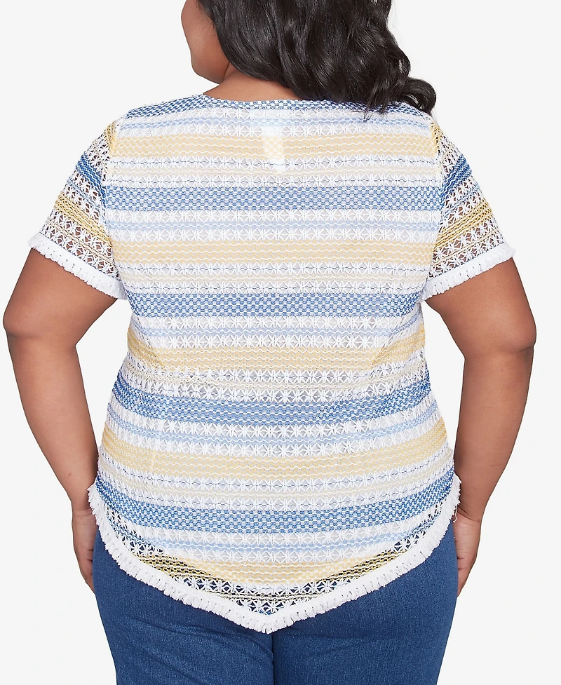 Alfred Dunner Plus Flower Power Textured Biadere Fringe Crew Neck Top with Necklace