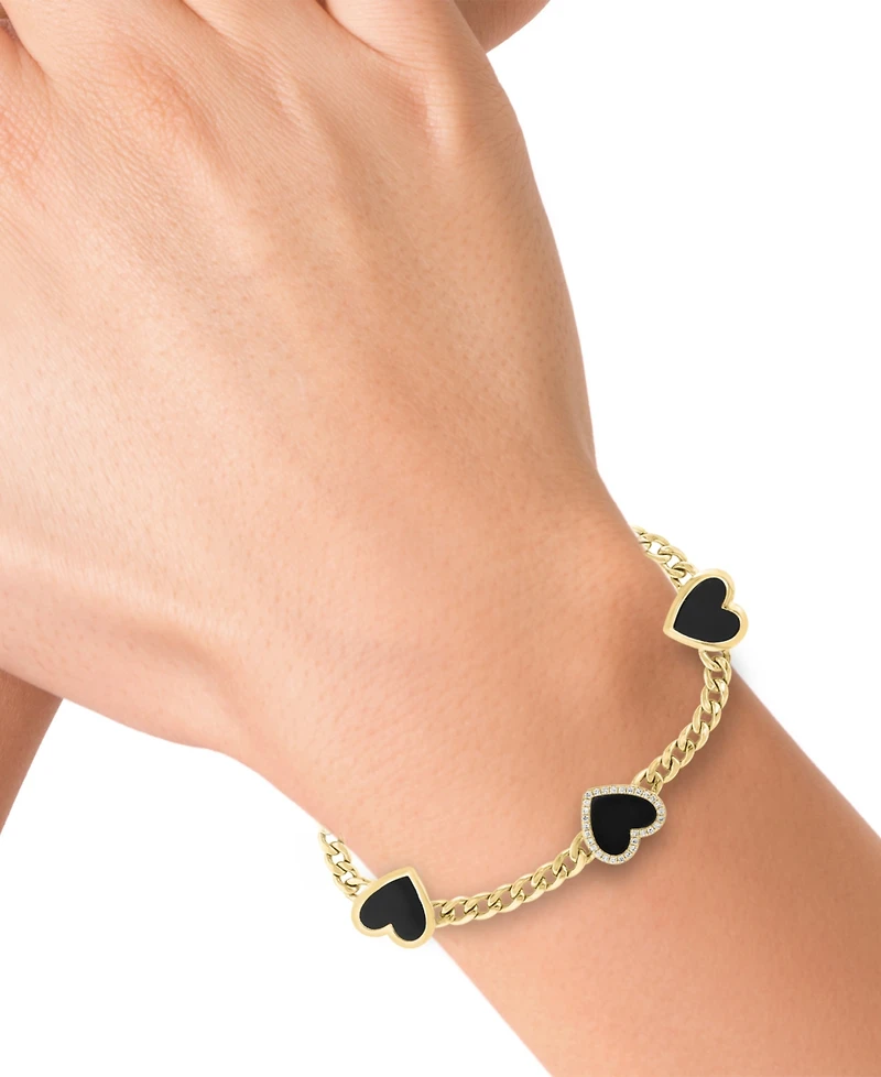 Effy Onyx (9 x 8-1/2 mm) & Diamond (1/4 ct. t.w.) Heart Flex Bracelet in 14k Gold Over Silver