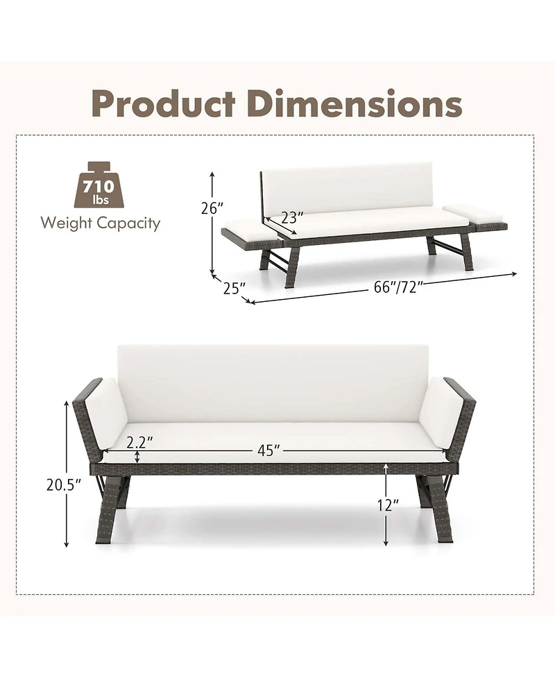 Outdoor Convertible Sofa Daybed with Adjustable Armrests Removable Cushions