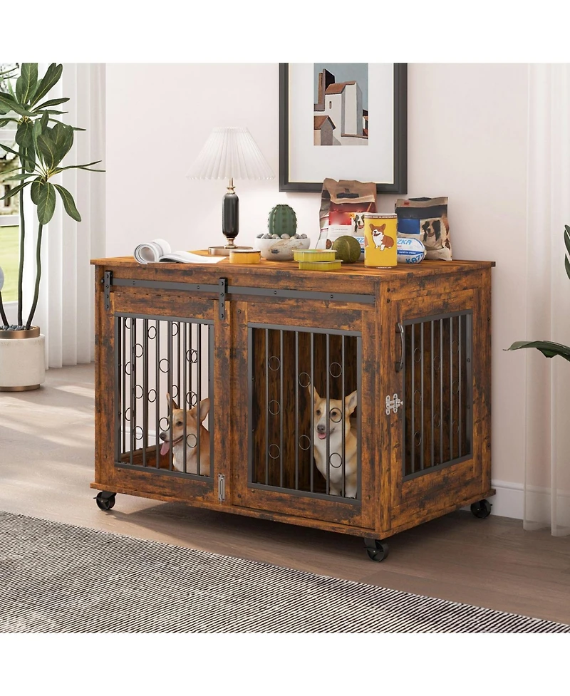 Sliding Door Dog Cage with Partition for Two Puppies Brown