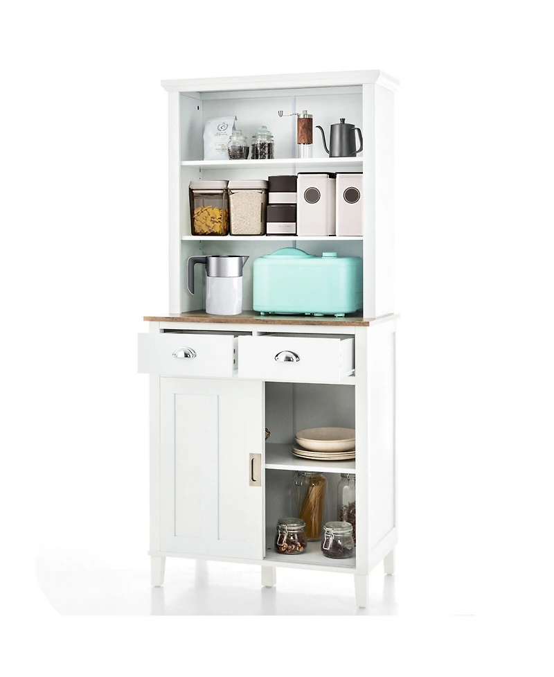 Freestanding Kitchen Pantry with Hutch, Sliding Door, and Drawer Stylish Storage for Kitchen Organization