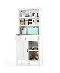 Freestanding Kitchen Pantry with Hutch, Sliding Door, and Drawer Stylish Storage for Kitchen Organization