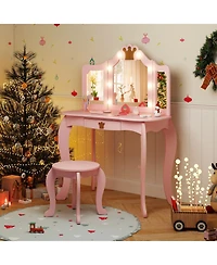 Kids Vanity Set with Tri-Fold Lighted Mirror, Detachable Top, and Stool Fun Dressing Table for
