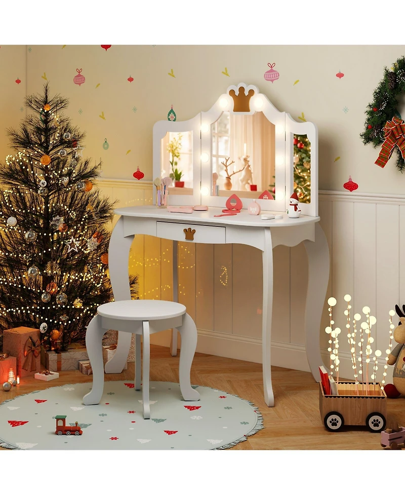 Kids Vanity Set with Tri-Fold Lighted Mirror, Detachable Top, and Stool Fun Dressing Table for