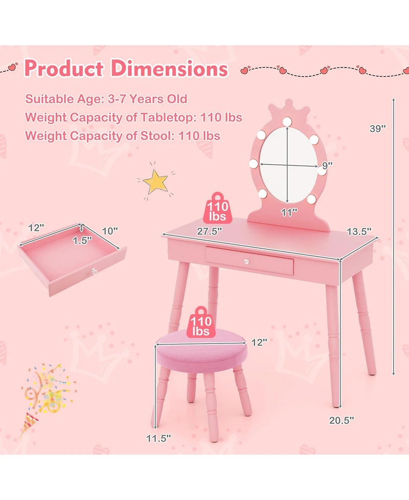 Kids Vanity Set with Lighted Mirror, Adjustable Brightness