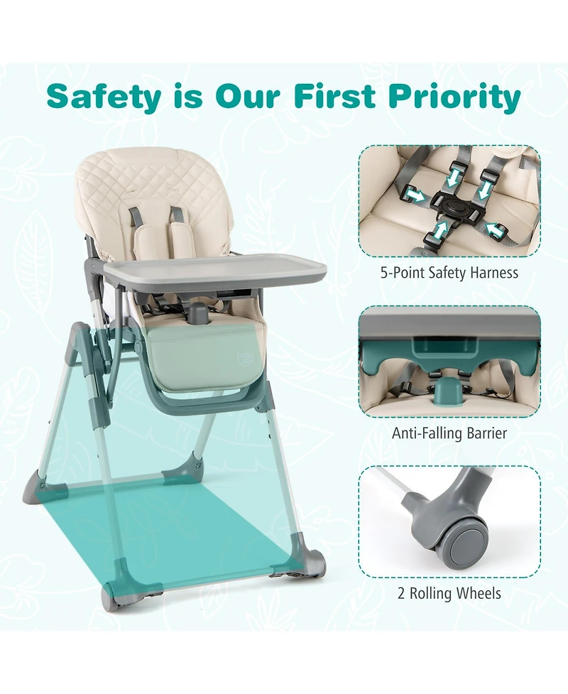 Foldable High Chair with Footrest and Detachable Tray