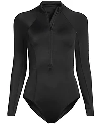Lands' End Women's Mastectomy Tugless Long Sleeve Rash Guard One Piece Swimsuit