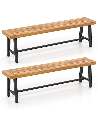 3-Person Acacia Patio Wood Outdoor Backless Bench-Set of 2