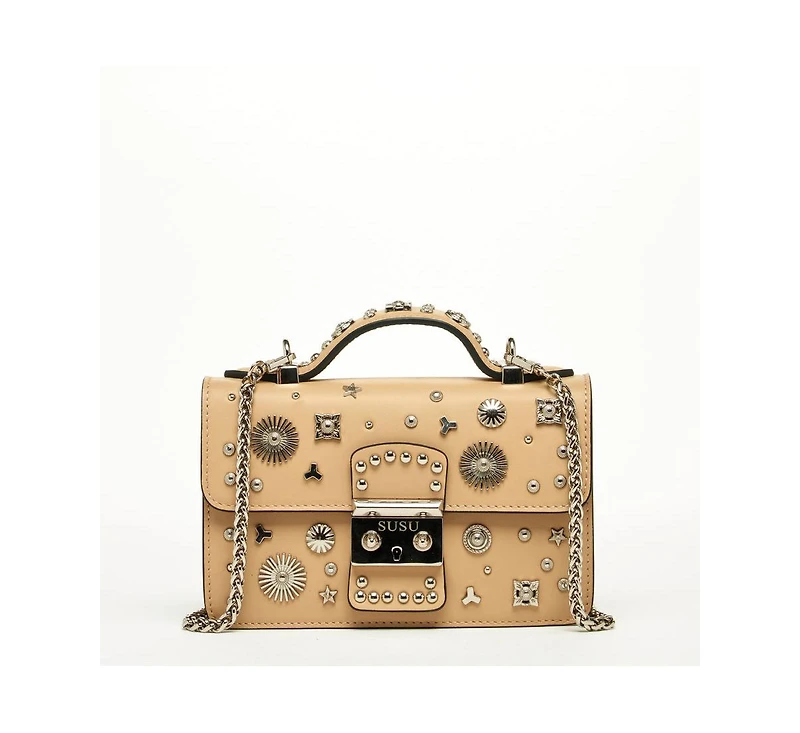Susu Women s Beige Studded Crossbody Bag Designer Leather Shoulder Purse with Chain Strap and Top Handle, Statement Handbag with Silver Embellishments