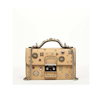 Susu Women s Beige Studded Crossbody Bag Designer Leather Shoulder Purse with Chain Strap and Top Handle, Statement Handbag with Silver Embellishments