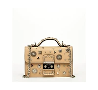 Susu Women s Beige Studded Crossbody Bag Designer Leather Shoulder Purse with Chain Strap and Top Handle, Statement Handbag with Silver Embellishments
