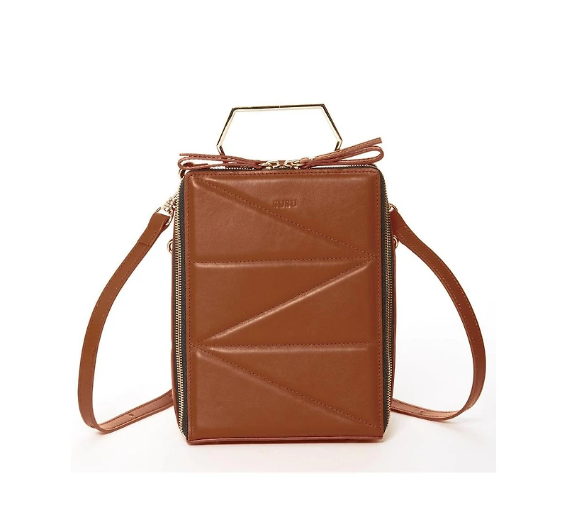 Susu Brown Leather Backpack Purse Unique Convertible Crossbody Bag for Women with Geometric Shape and Metal Top Handle