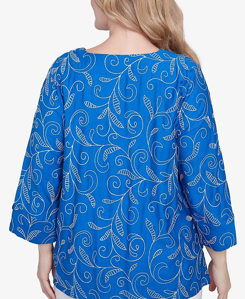 Alfred Dunner Plus Parrot Cay Scroll Embroidered Cuff Sleeve Top