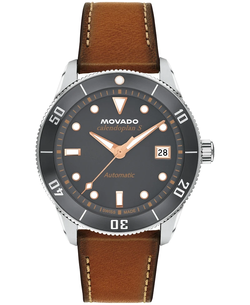 Movado Men's Calendoplan S Swiss Automatic Cognac Leather Watch, 40mm