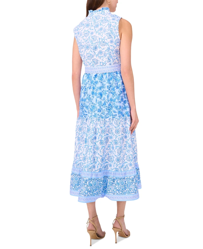 Msk Petite Printed Ruffle-Neck Button-Front Maxi Dress