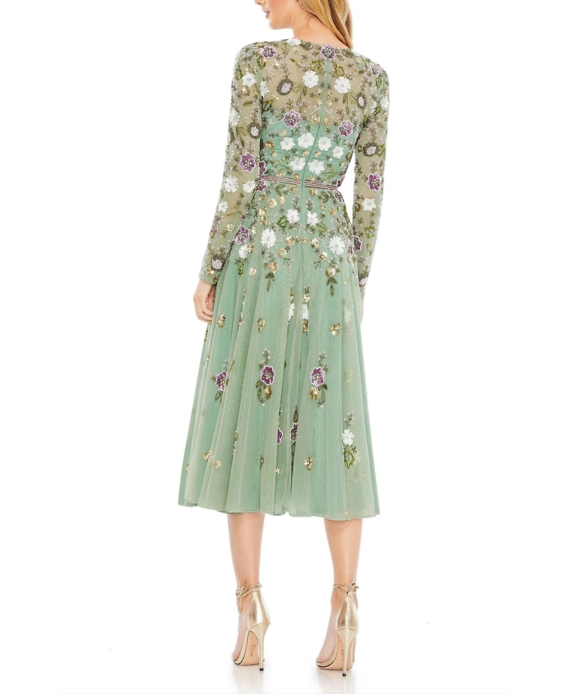 Mac Duggal Women's Sequined Floral Long Sleeve High Neck Midi Dress