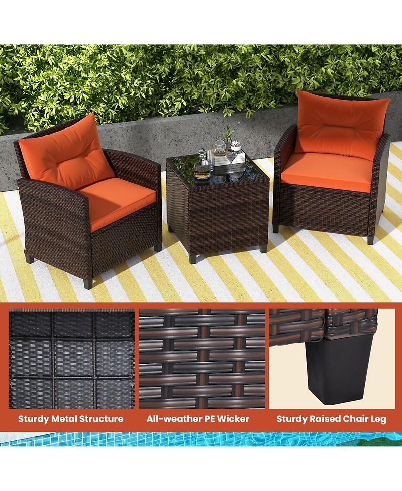 3 Pieces Rattan Patio Furniture Set with Washable Cushion