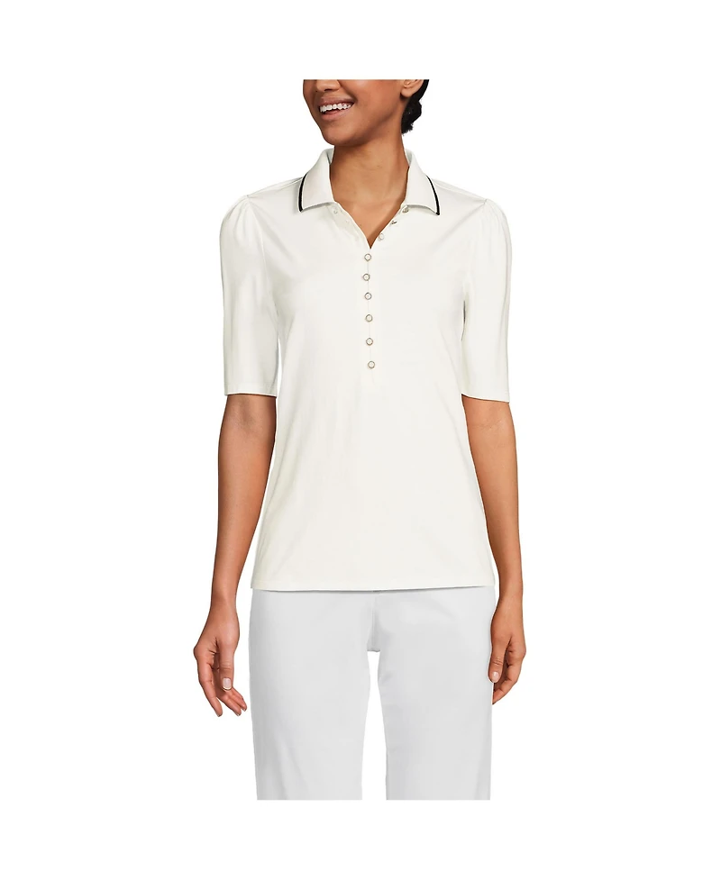 Lands' End Women's Elbow Sleeve Lightweight Jersey Embellished Polo