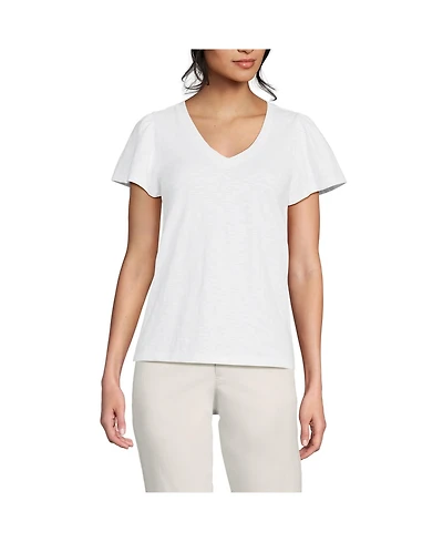 Lands' End Women's Slub Flutter Sleeve V-Neck T-Shirt