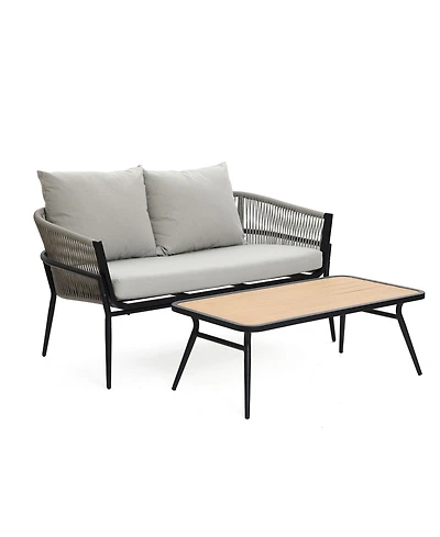 LuxenHome Outdoor Aluminum with Pe Rope Loveseat Sofa with Cushions and Coffee Table Set