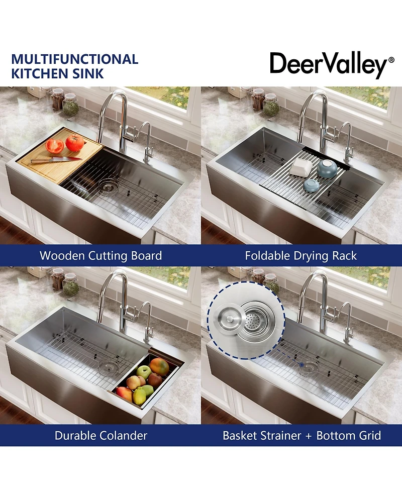 DeerValley 36" L x 22" W Apron Front Farmhouse Single Bowl Stainless Steel Workstation Kitchen Sink with Accessories
