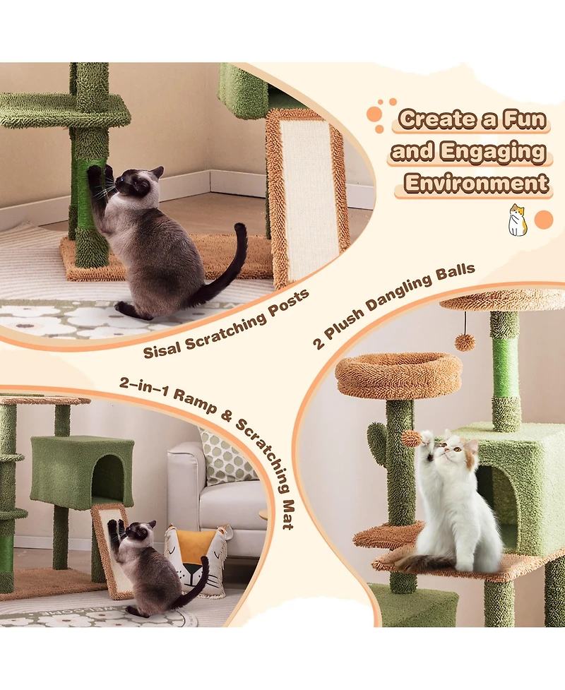Gymax 63'' Cactus Cat Tree for Indoor Cats w/Sisal Scratching Posts & Ladder Basket Bed