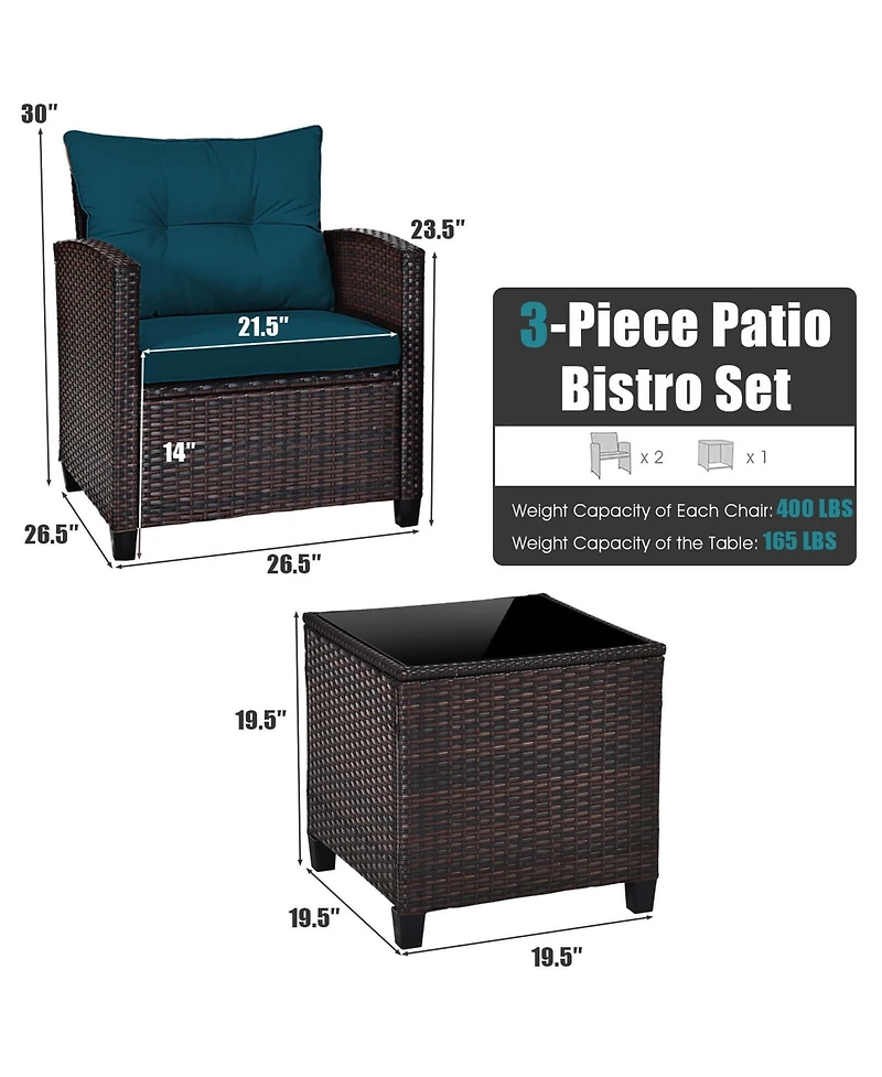 Gymax Set of 3 Rattan Furniture Patio Cushioned Conversation Sofa