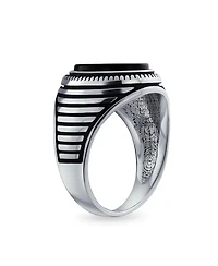 Bling Jewelry Retro Grooved Silver Ring with Black Onyx Square Signet Sterling Band