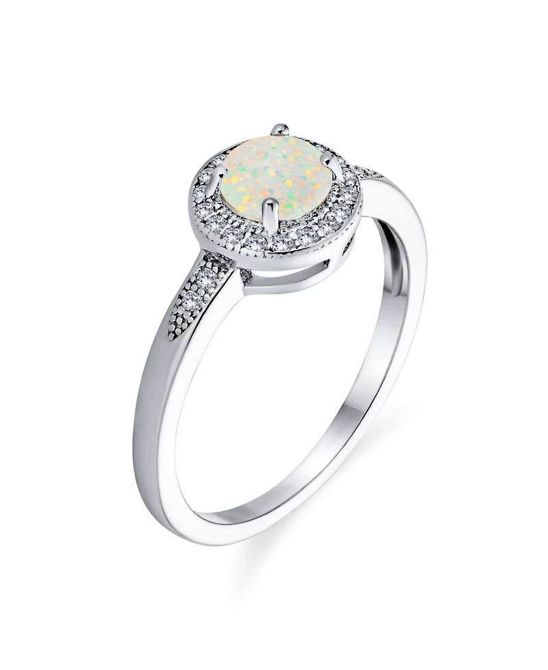 Bling Jewelry Petite Dainty Cz Halo Circle 1CT Round Solitaire Created White Opal Promise Ring With Side Stone Accent Ring .925 Sterling Silver