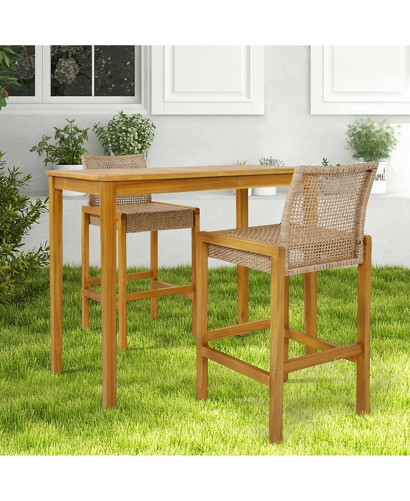 Gymax Wicker Bar Stools Set of 2 Patio Chairs w/ Solid Wood Frame Ergonomic Footrest