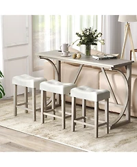 4-Piece Bar Table Set with Power Outlet and Upholstered Saddle Seat Stools