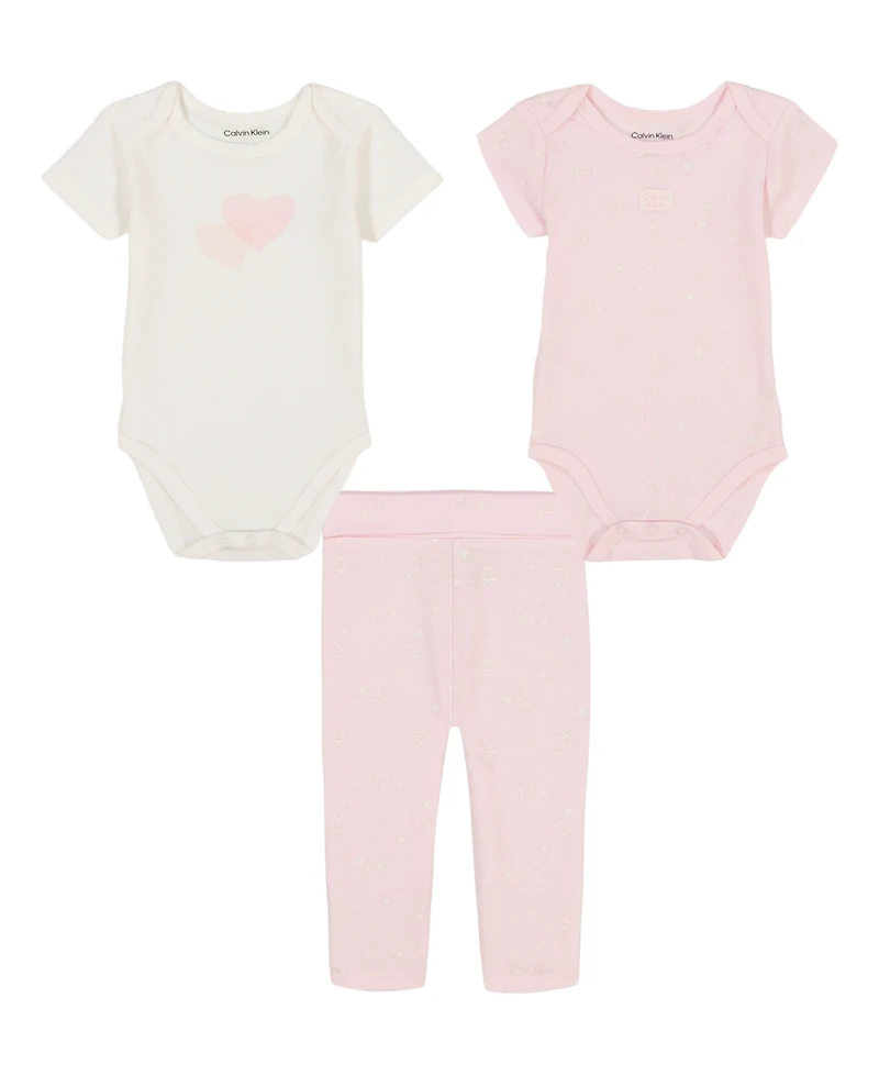 Calvin Klein Baby Girls 3-Piece Logo Hearts Bodysuits and Printed Leggings Set