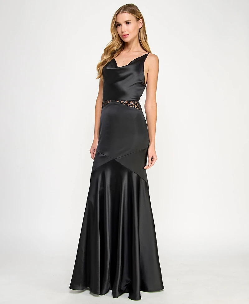Seni & Cade Juniors' Satin Cowlneck Cutout Gown