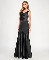 Seni & Cade Juniors' Satin Cowlneck Cutout Gown