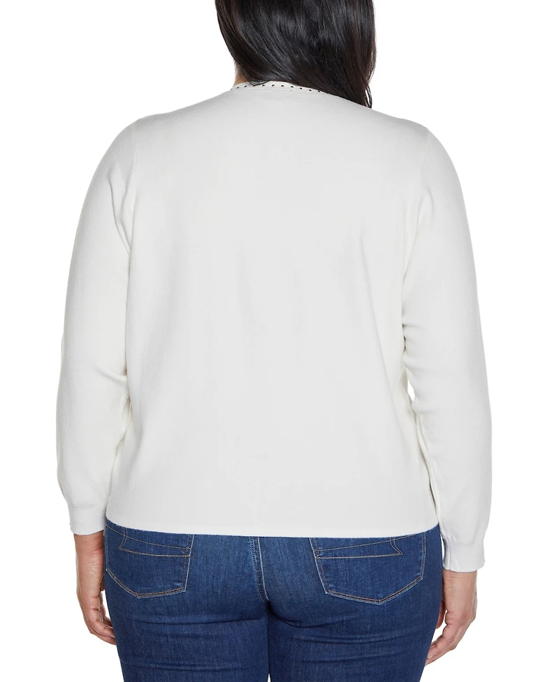 Belldini Plus Black Label Embroidered Drop-Shoulder Open-Front Cardigan Sweater